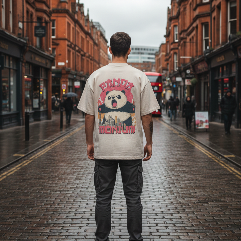 A man stands in a cobblestone street wearing a "Pandamonium" back print shirt, with red buildings and a red double-decker bus in the background on a cloudy day.