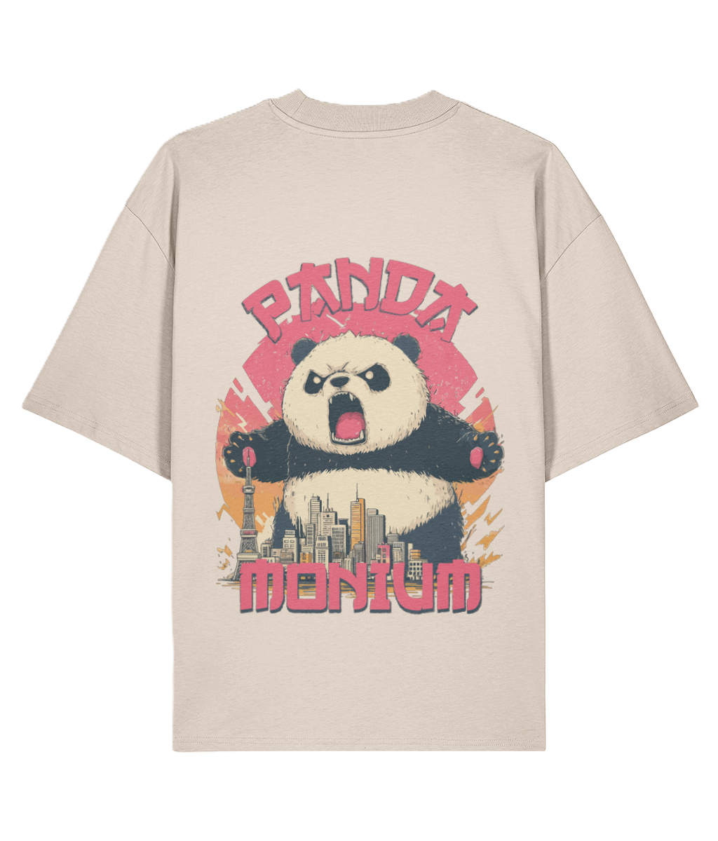 Cream oversized graphic t-shirt with a panda rampaging through a city and 'Panda Monium' text