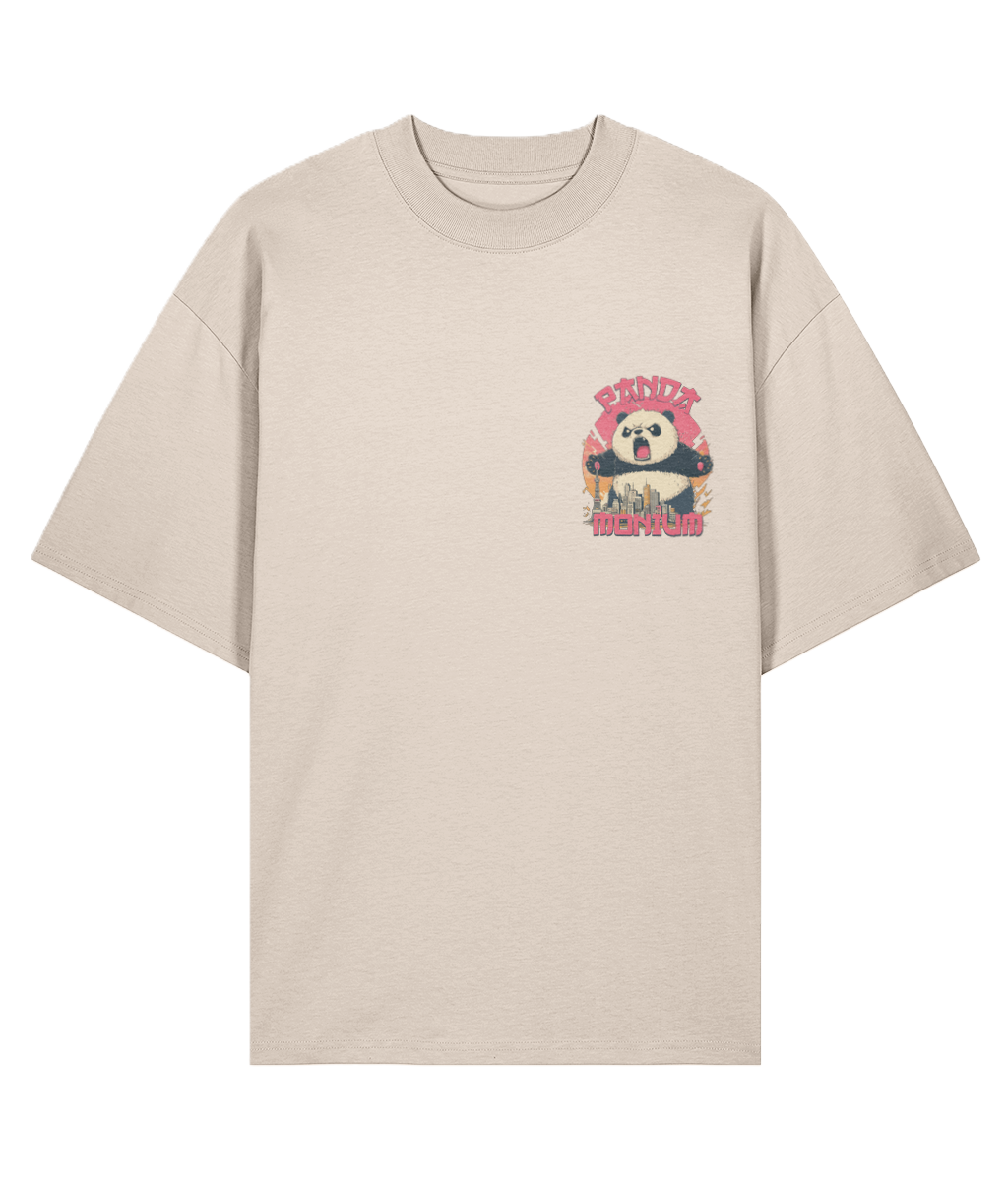 Beige oversized graphic t-shirt with a colorful rampaging through a city graphic design on a white background