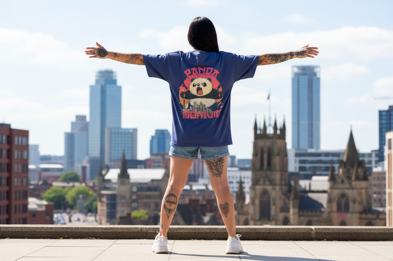 Woman wearing a blue graphic backprint t-shirt with a panda graphic design, standing with arms outstretched against a city skyline.