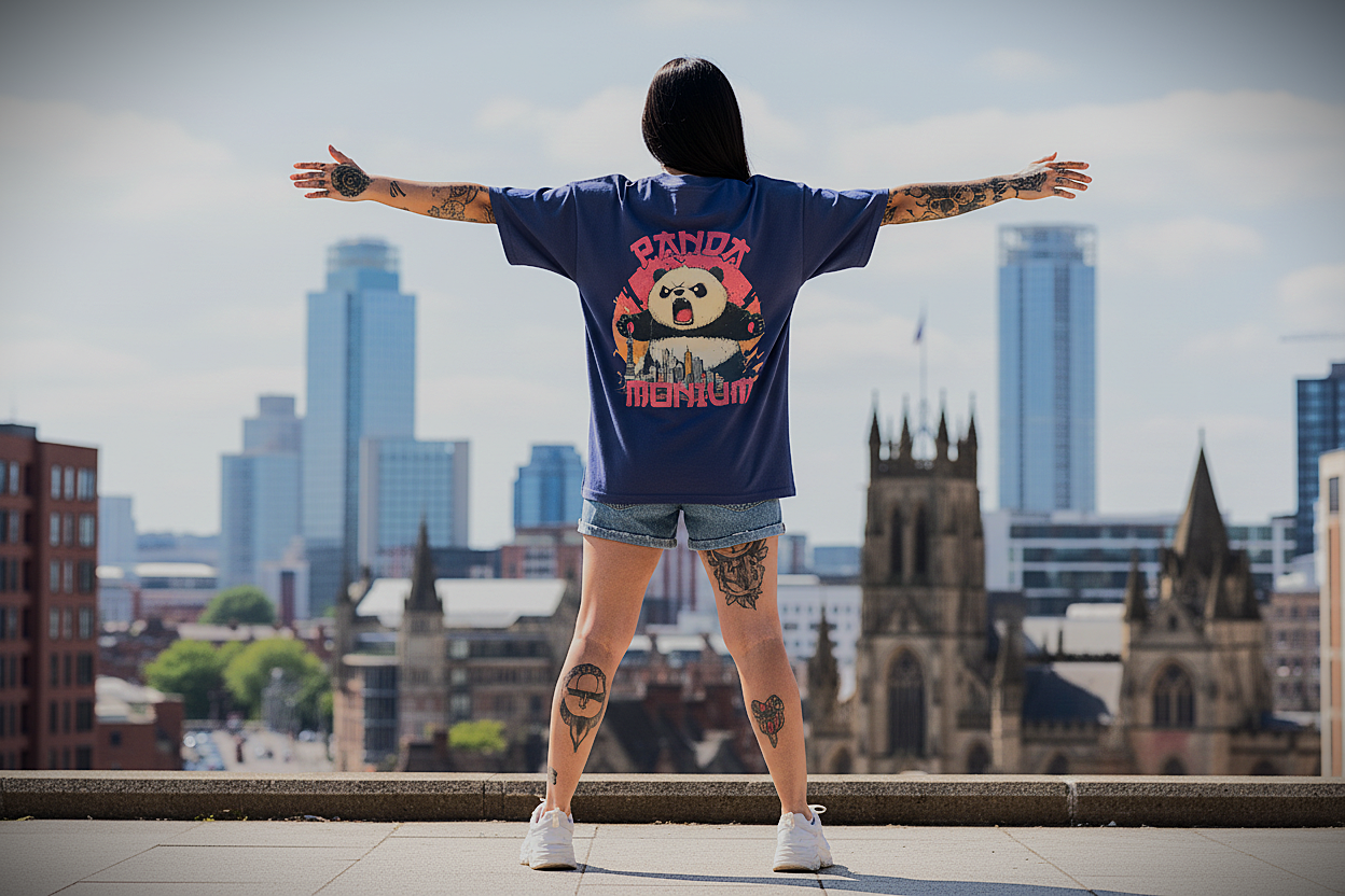 Person wearing a blue oversized Panda t-shirt with a graphic design, standing with arms outstretched against a city skyline.