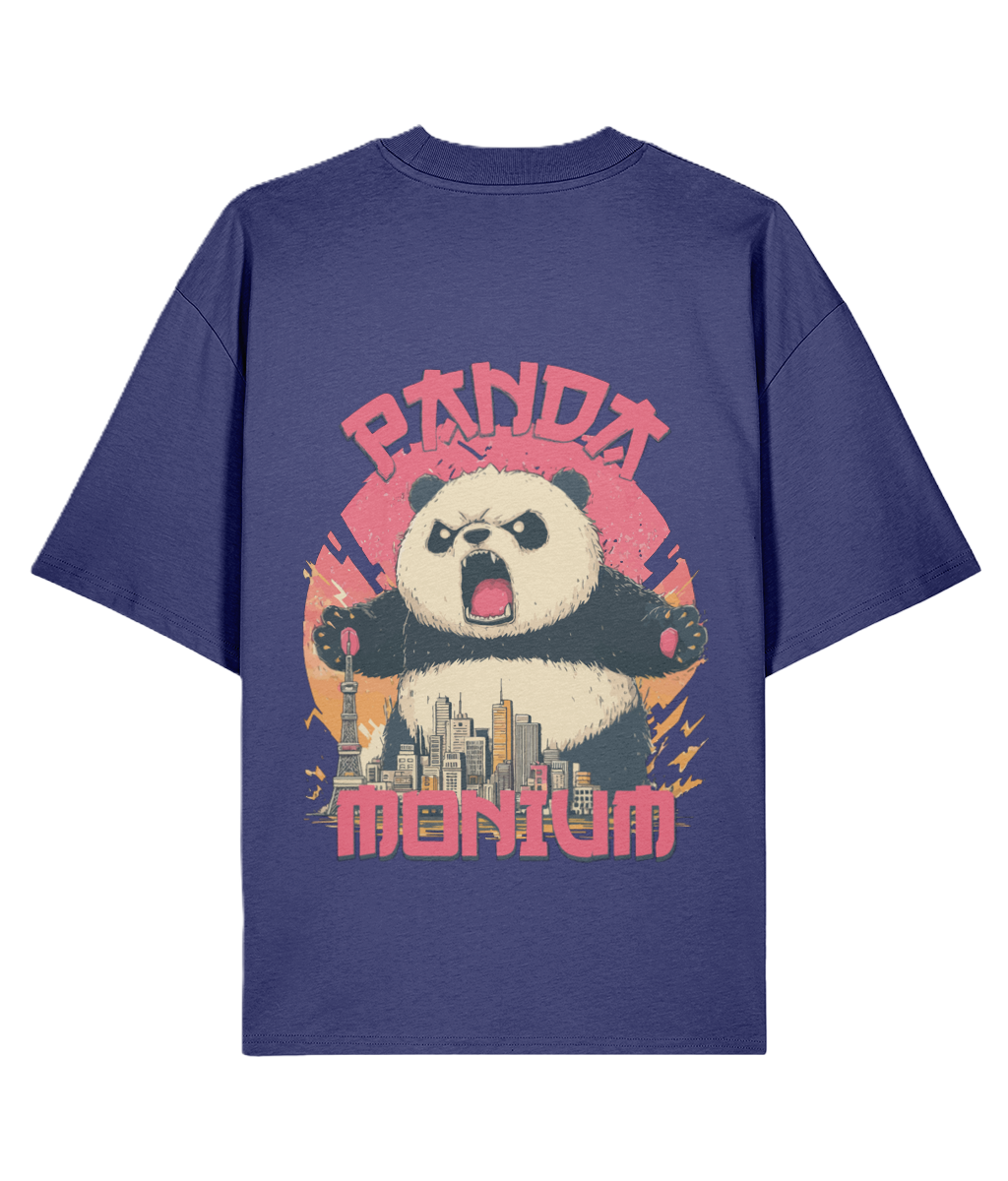 Blue oversized t-shirt with a panda rampaging through a city graphic and 'Panda Monium' text
