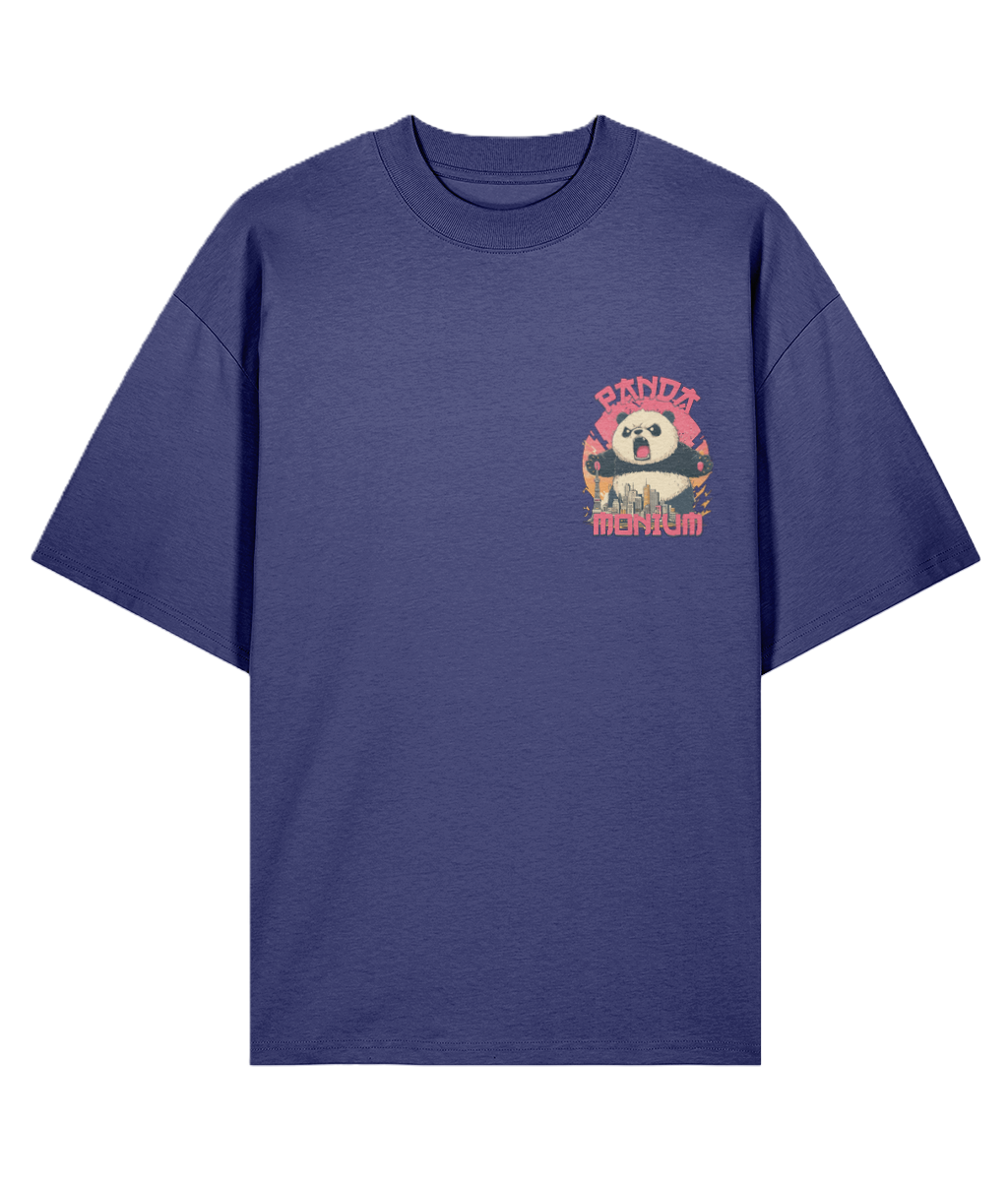 Blue oversized t-shirt with a graphic design of a panda rampaging through a city