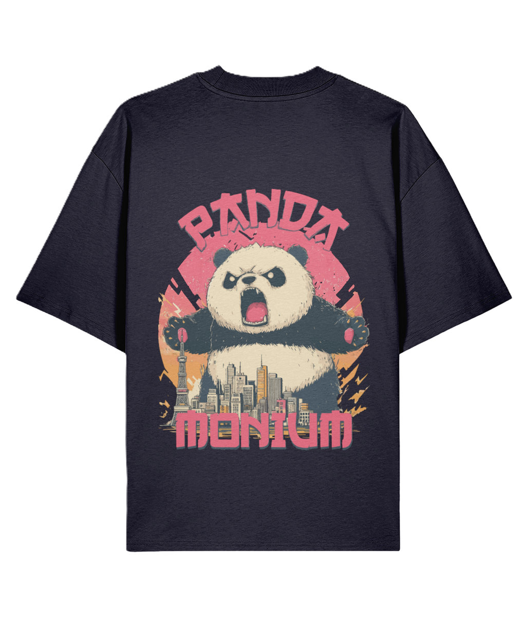 Navy blue oversized back print graphic t-shirt with a panda rampaging through a city graphic and 'Panda Monium' text