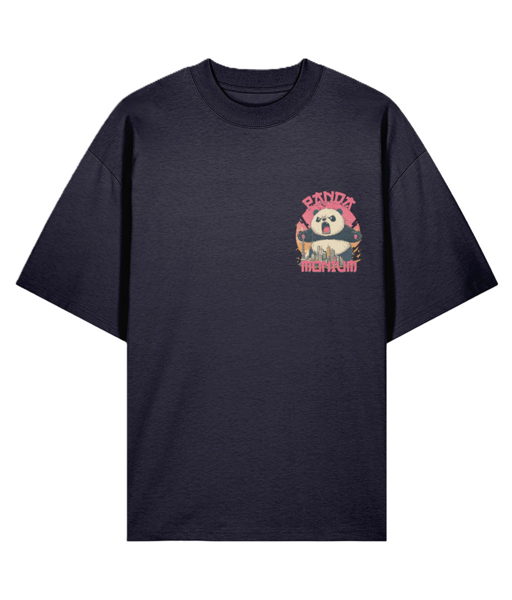 Navy blue oversized graphic t-shirt with a graphic design of a panda rampaging through a city