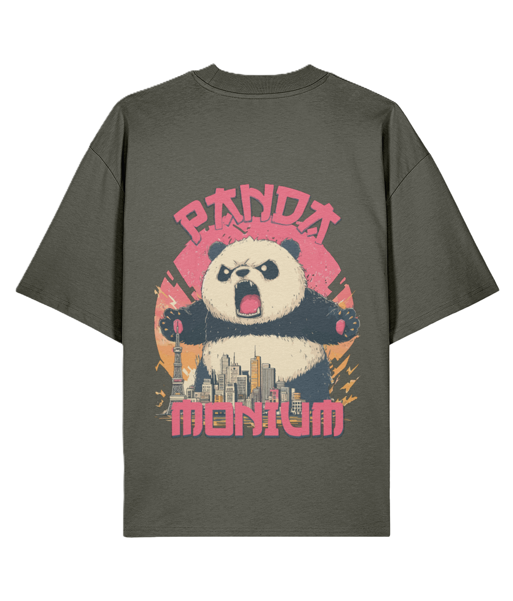 Khaki oversized back print graphic t-shirt with a panda rampaging through a city graphic and 'Panda Monium' text