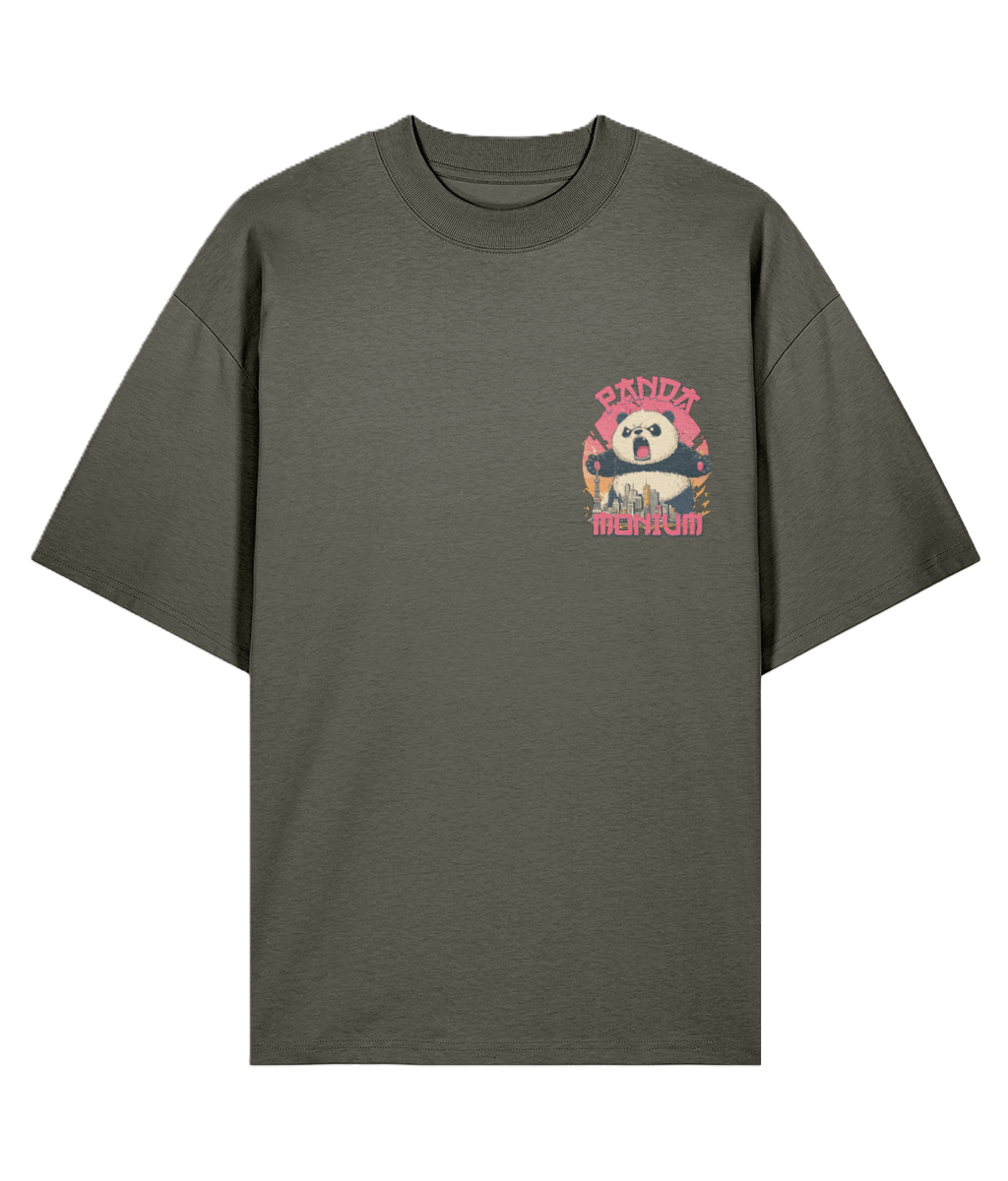 Khaki oversized graphic t-shirt with a graphic design of a Panda rampaging through a city