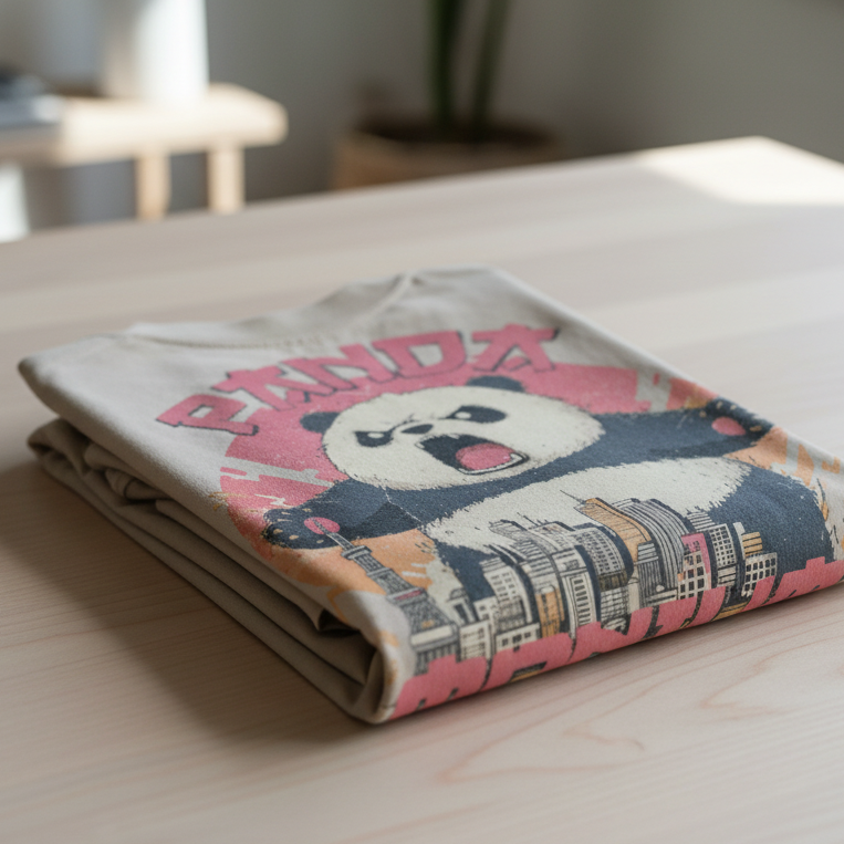Folded oversized t-shirt with a panda design on a wooden surface