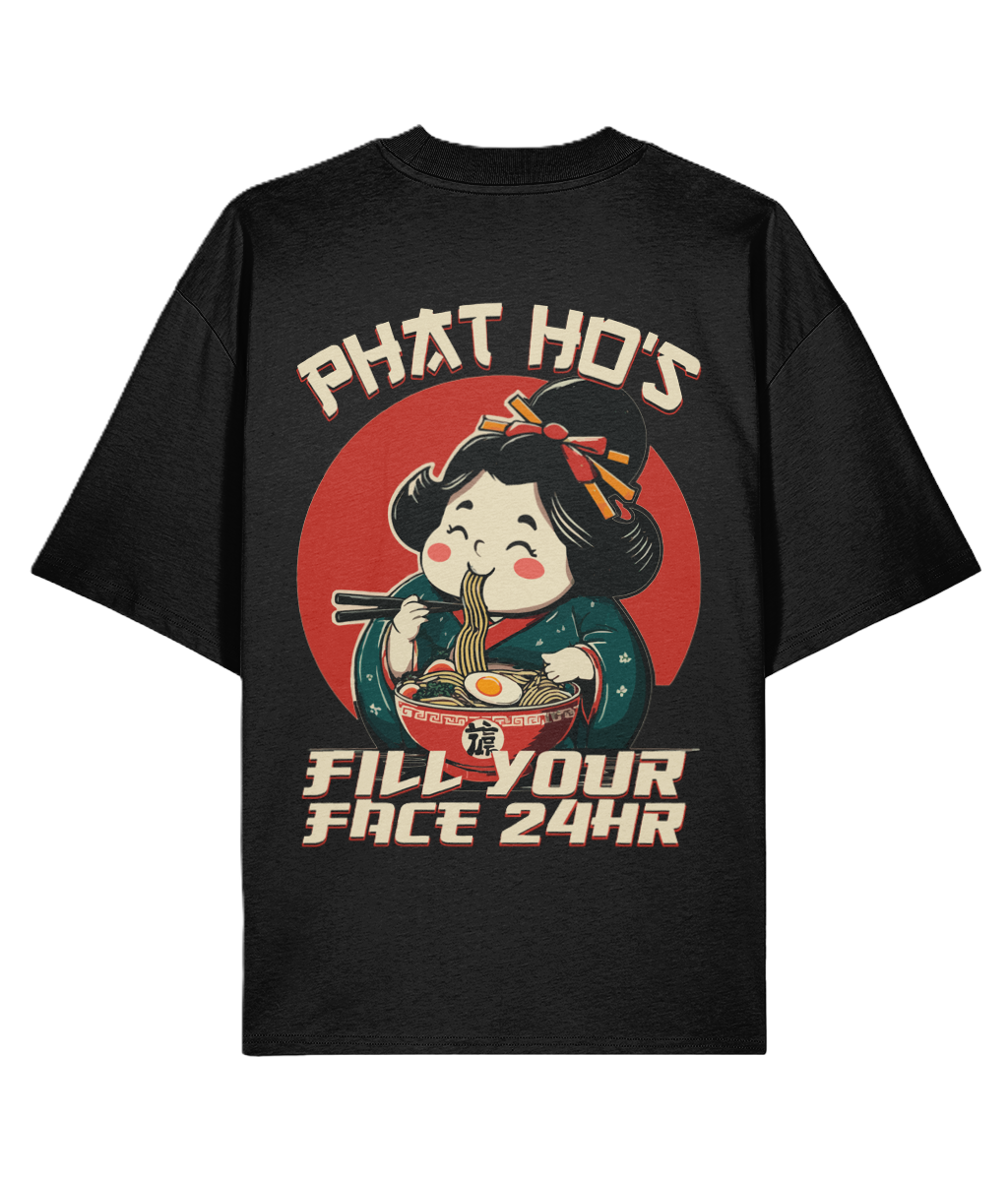 Black oversized backprint graphic t-shirt with a Japanese inspired graphic design of a cartoon character eating ramen and funny text