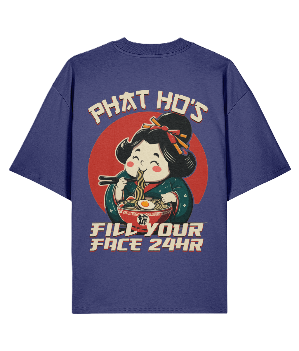 Blue oversized back print graphic t-shirt with a funny design of a cartoon character eating ramen and a cheeky slogan