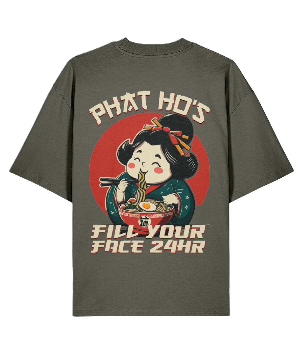 Khaki oversized graphic t-shirt with a funny design of a cartoon character eating ramen and funny text
