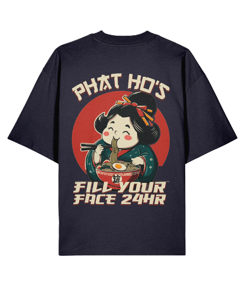 Navy oversized backprint t-shirt with a graphic design of a cartoon character eating ramen and funny text