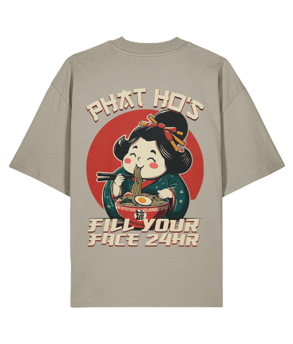 Beige oversized backprint graphic t-shirt with a funny graphic design of a cartoon character eating ramen and funny text