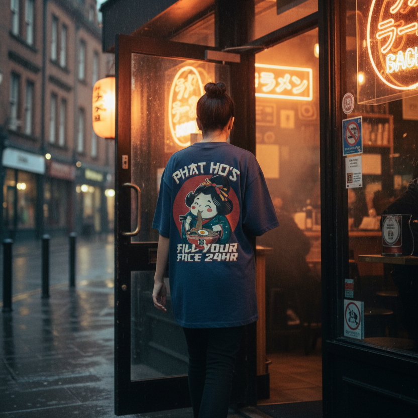 Woman wearing a blue oversized t-shirt with a backprint graphic design and text, standing in front of a neon-lit Japanese restaurant entrance.