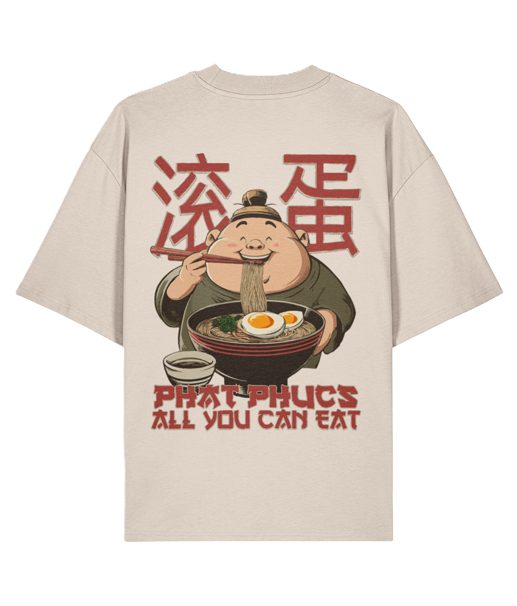 Cream oversized backprint graphic t-shirt with a funny design of a character eating ramen and Chinese characters 