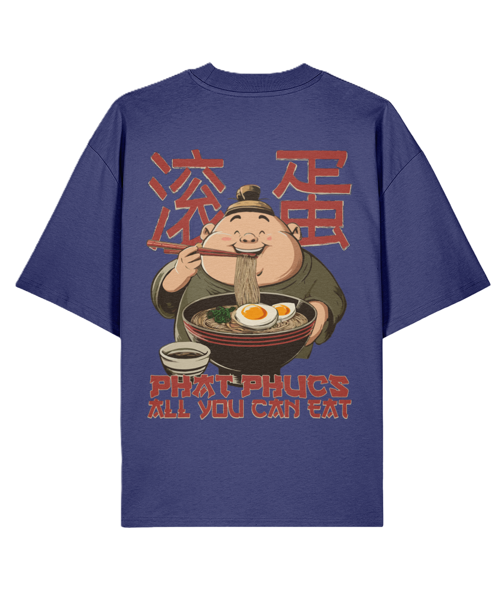 Blue oversized graphic t-shirt with a graphic of a character eating ramen and text on the back