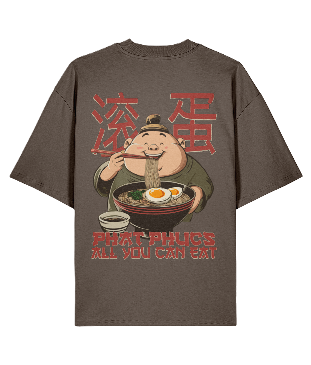 Mocha over sized graphic t-shirt with a funny design of a character eating ramen and red text