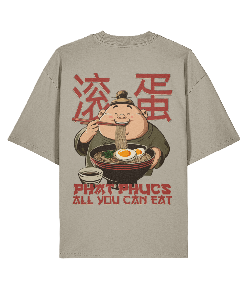 Beige oversized funny graphic t-shirt with a design featuring a cartoon character eating noodles and text 