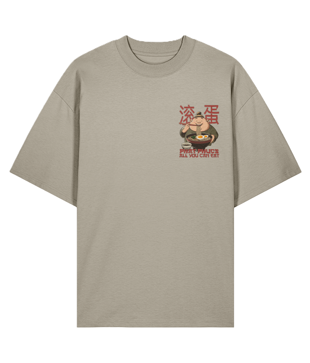 Beige oversized t-shirt with funny graphic design and fun slogan