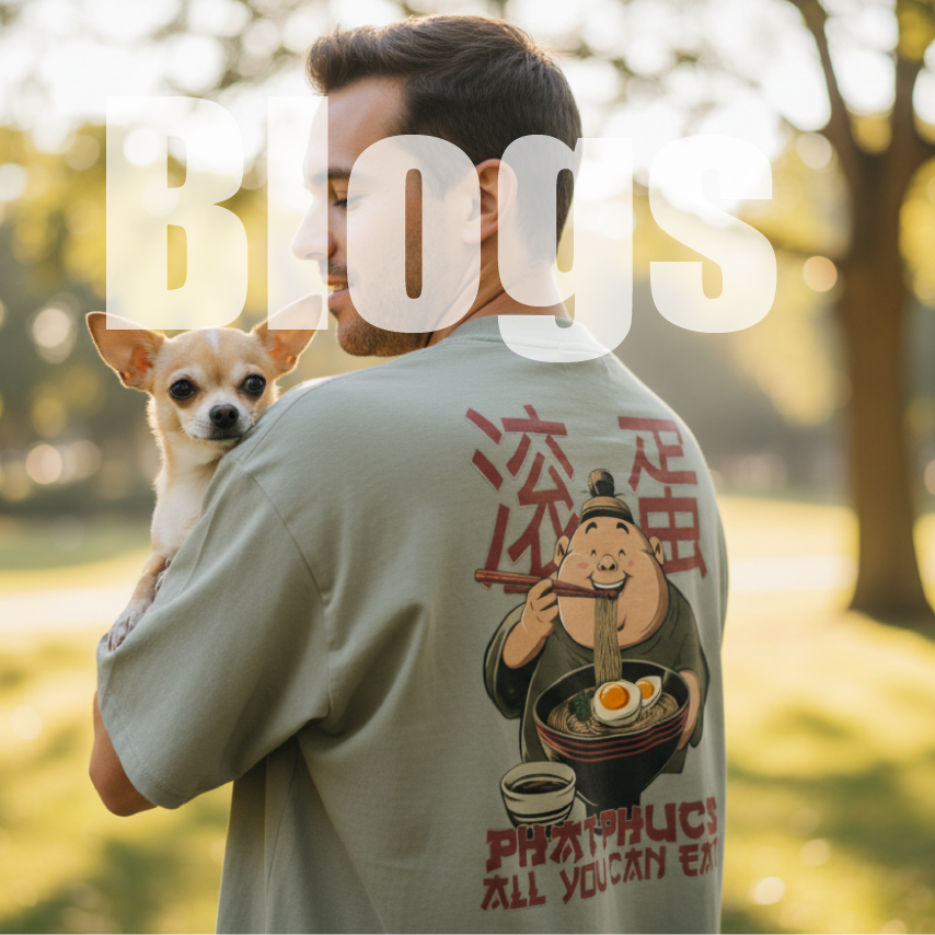 Man holding a small dog with a graphic oversized shirt featuring a cartoon character and text in a park.