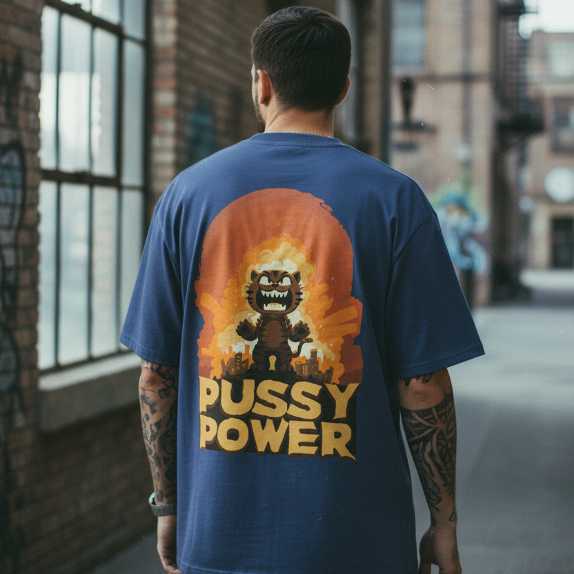 Man wearing a blue t-shirt with a cat graphic design and text in an urban setting