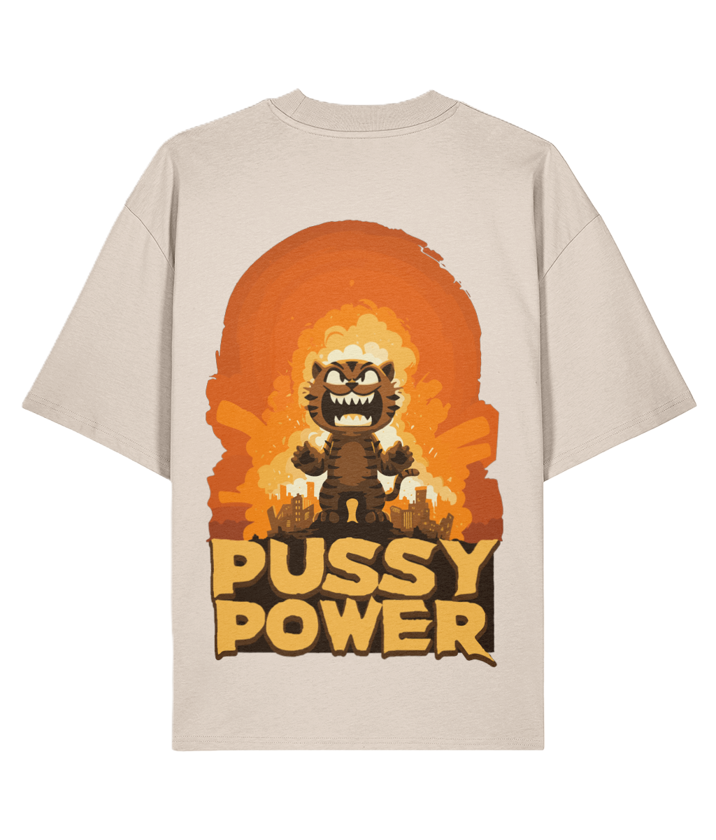 Cream t-shirt with a graphic cat design and the slogan 'PUSSY POWER'