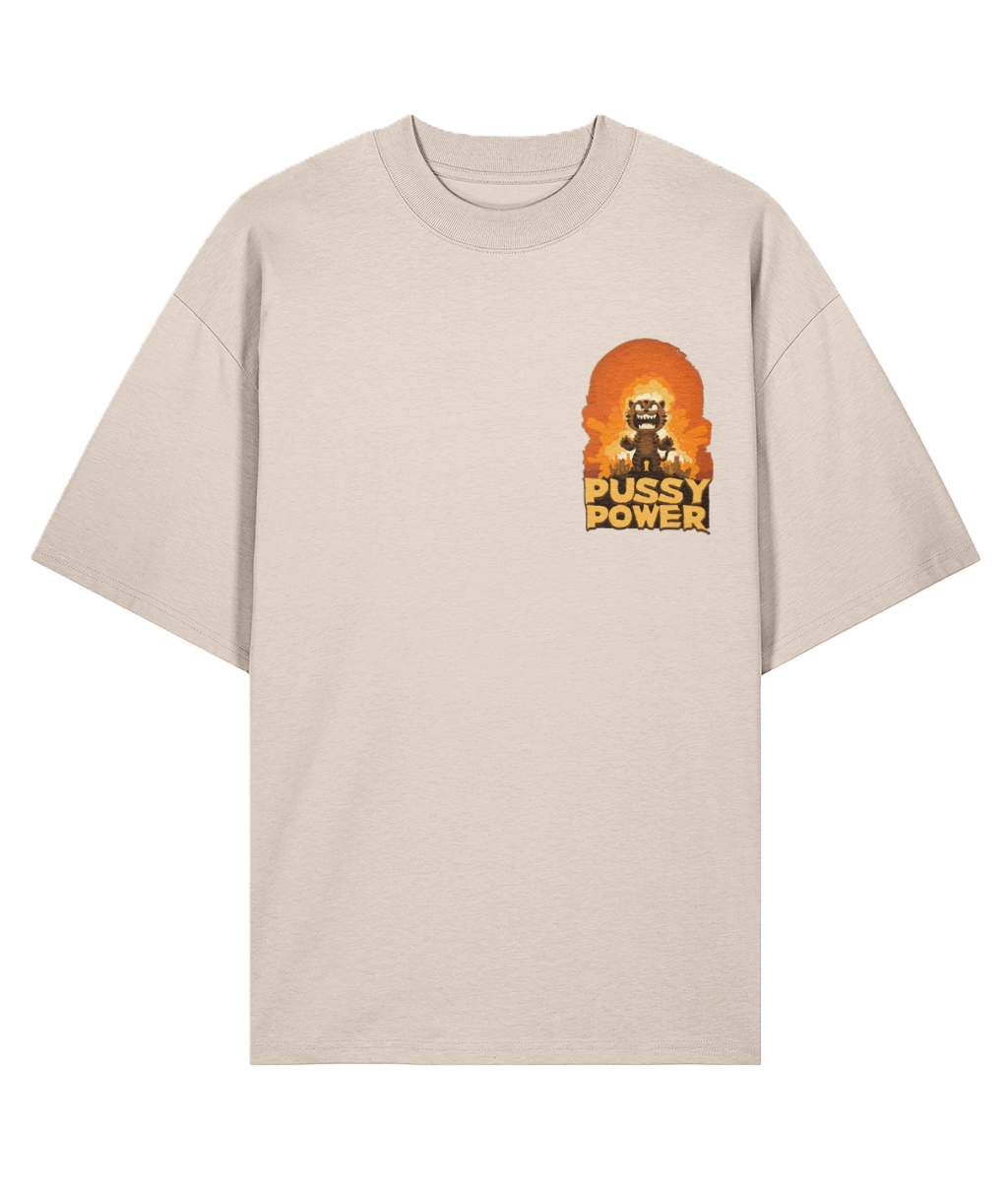 Cream oversized t-shirt with a unique graphic design featuring a cat and 'PUSSY POWER' slogan.