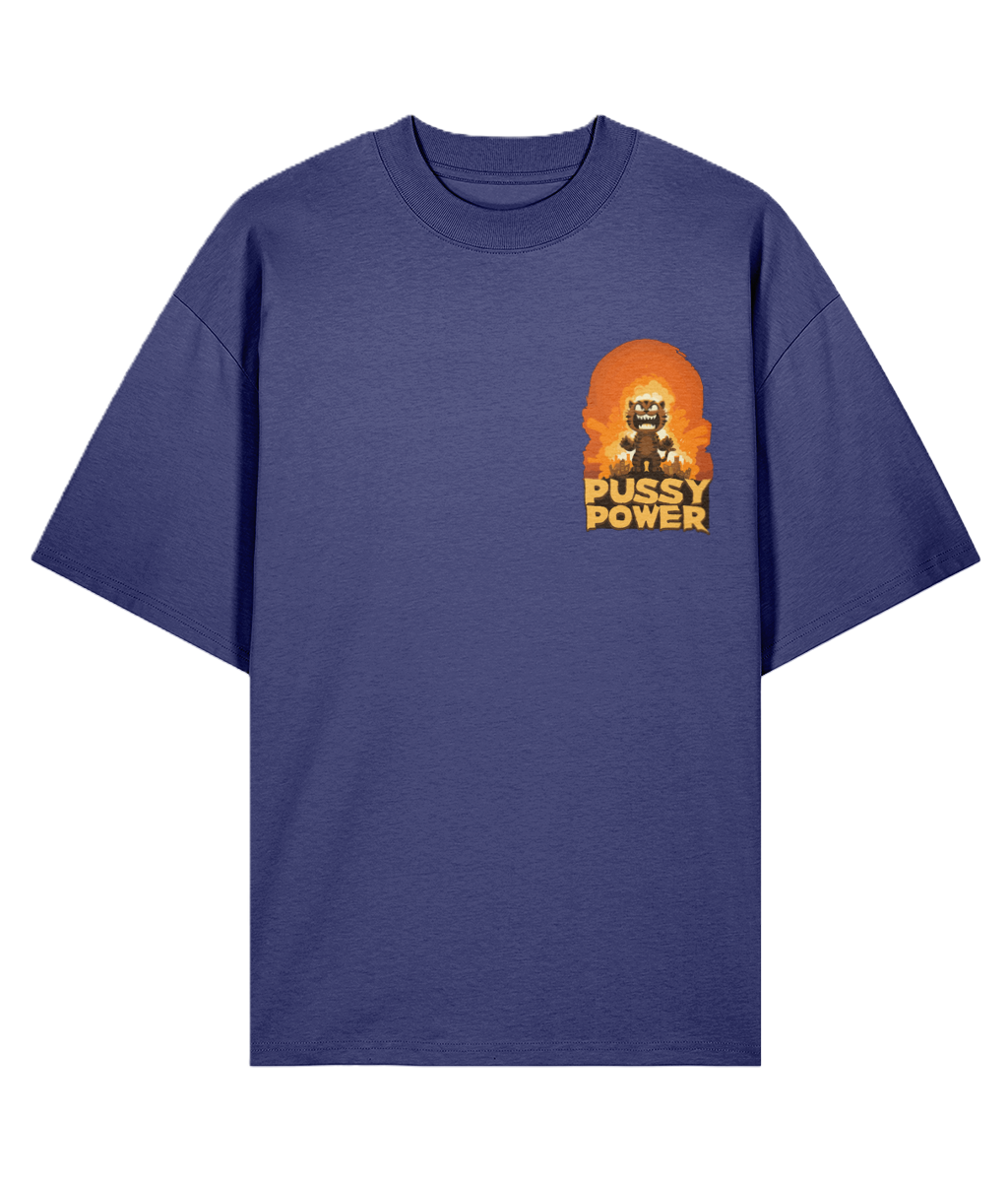 Blue t-shirt with a graphic design featuring a cat and 'PUSSY POWER' text.