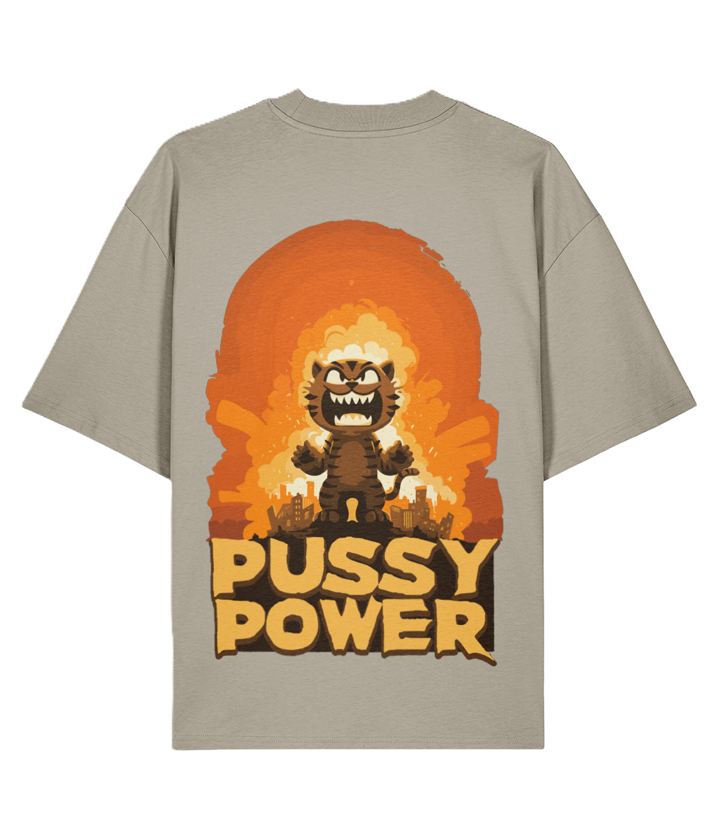 Oversized Graphic T-shirt with a graphic design of a cat and 'PUSSY POWER' text.