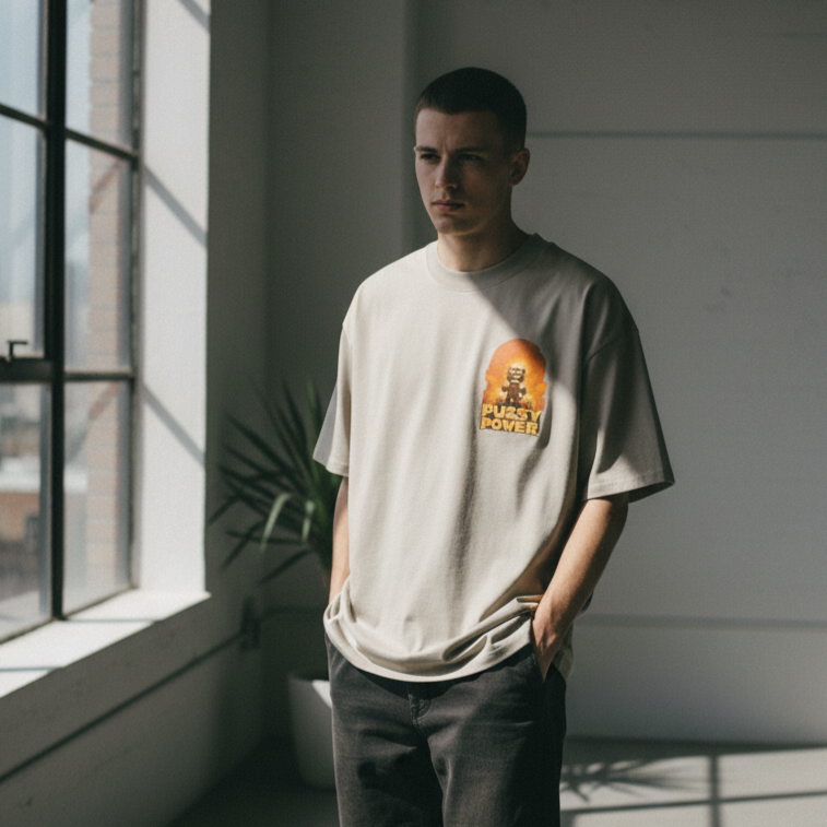 Man wearing a graphic backprint cat t-shirt standing in a room with large windows.
