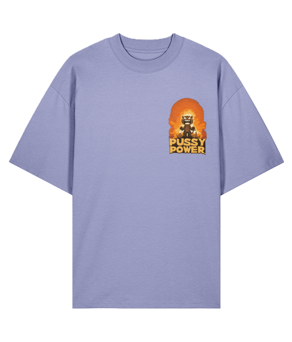 Purple oversized t-shirt with a graphic cat design on
