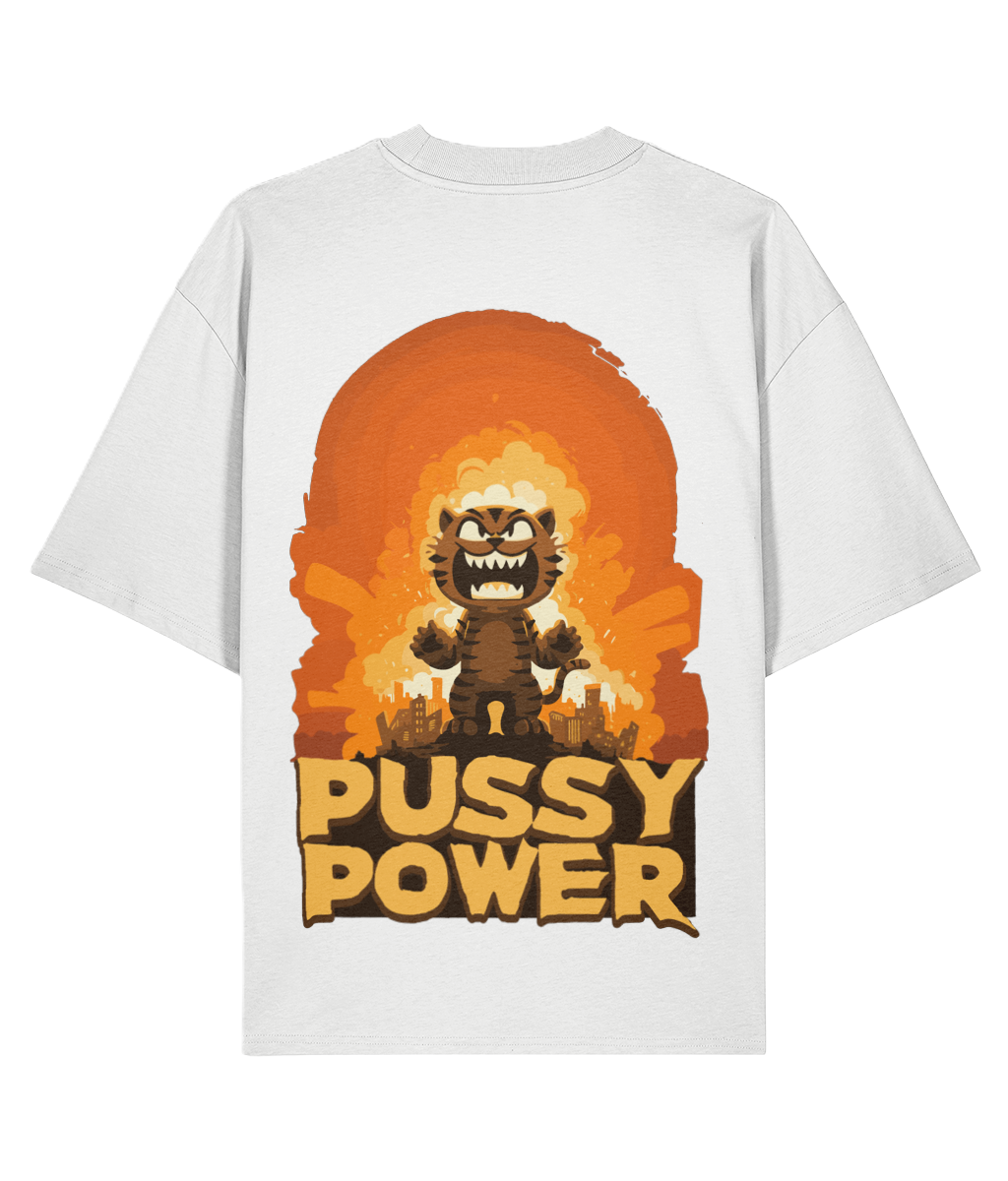 White t-shirt with a graphic design of a cat and 'PUSSY POWER' slogan on the back.