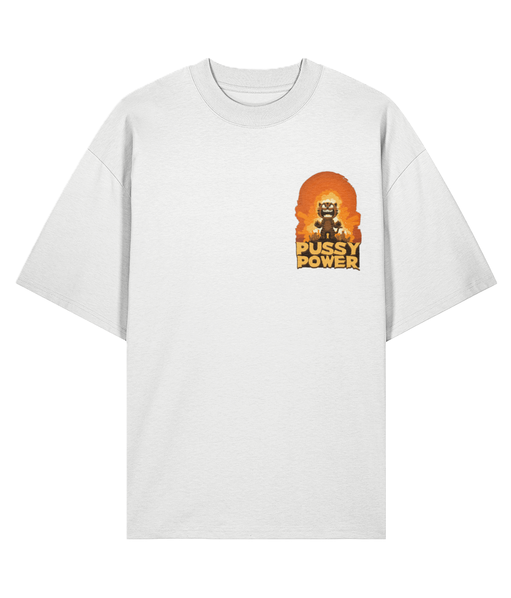 White t-shirt with a graphic design featuring a cat and slogan.