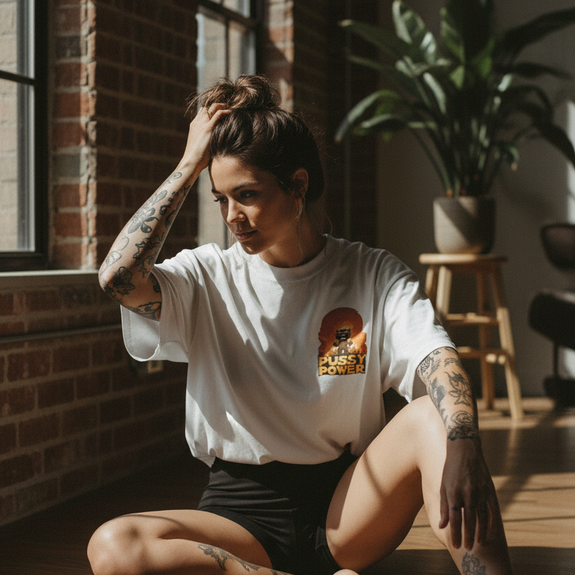 Woman wearing a white graphic t-shirt with a graphic cat design sitting indoors.