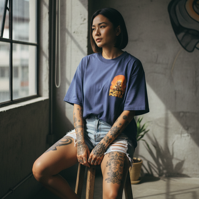 Woman wearing a blue graphic t-shirt with a graphic cat design, sitting indoors near a window.