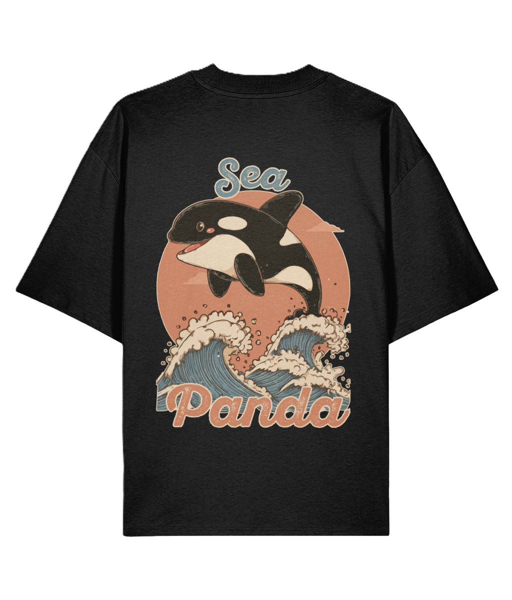 Black oversized backprint graphic t-shirt with a cool vintage graphic of an orca and waves