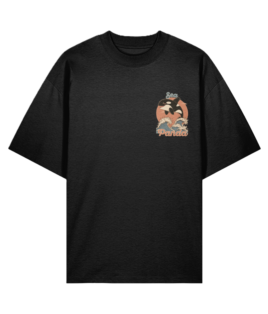 Black oversized graphic t-shirt with a colorful graphic orca design