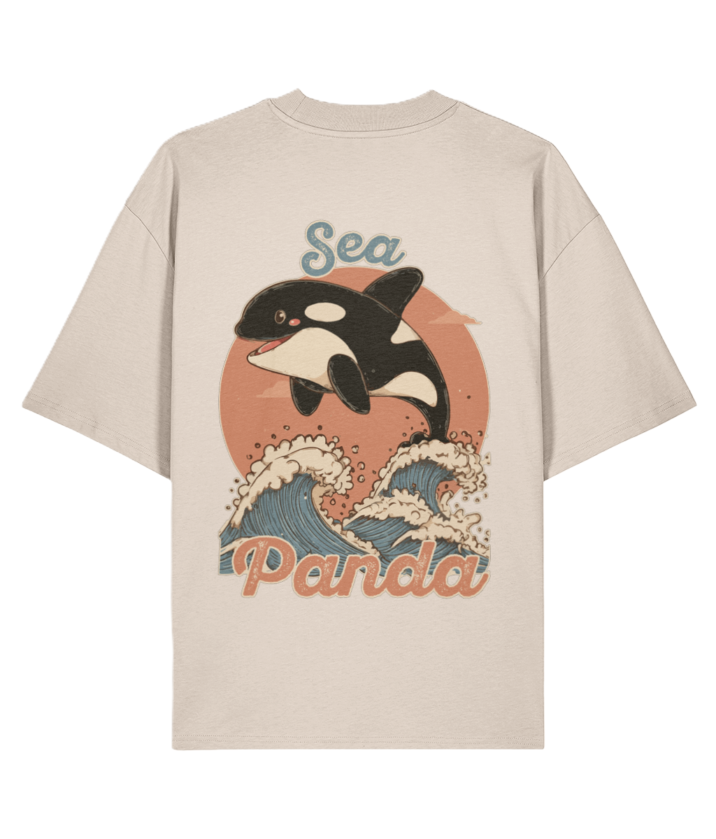 Cream oversized back print graphic t-shirt with an orca whale graphic and 'Sea Panda' text