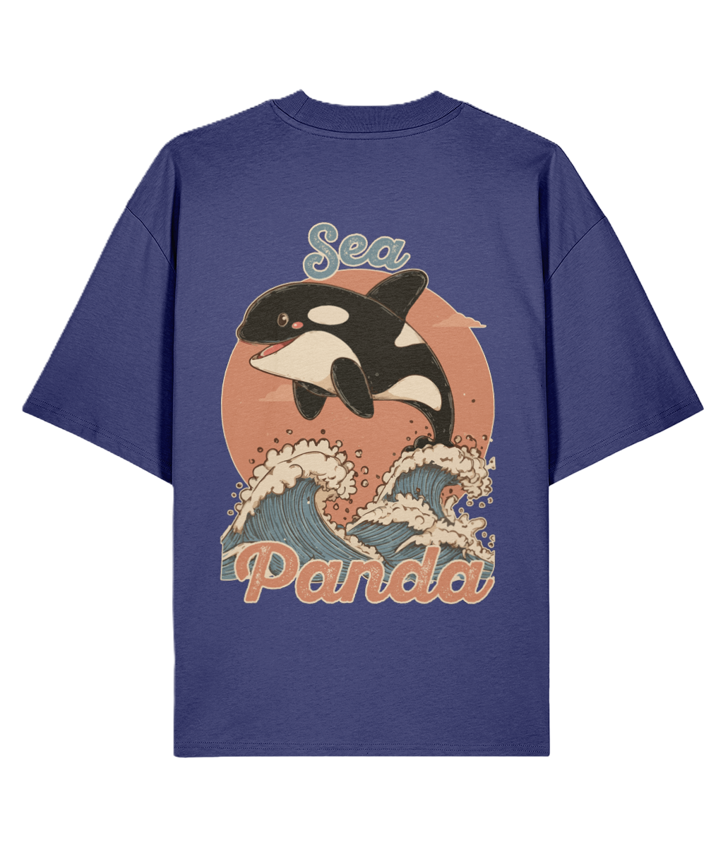 Blue t-shirt with an orca whale graphic and 'Sea Panda' slogan