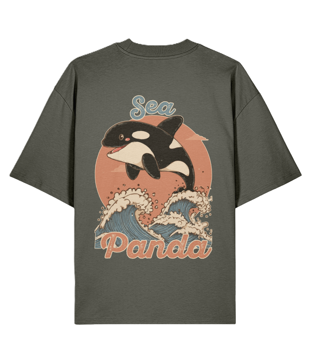 Khaki oversized back print t-shirt with an orca whale graphic and 'Sea Panda' text 