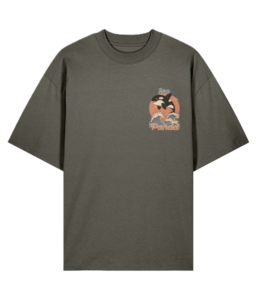 khaki oversized graphic t-shirt with an orca design