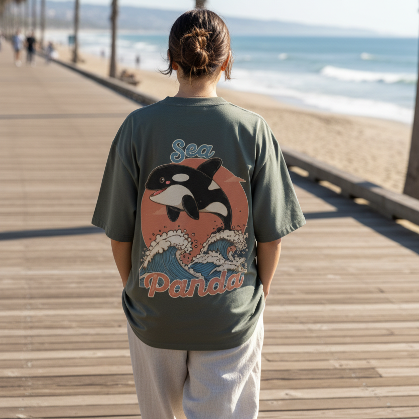 A person walks on a wooden boardwalk by the beach. They wear a green oversized back print graphic T-shirt with an illustration of an orca, titled "Sea Panda," adding a playful tone.