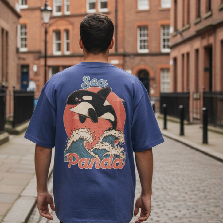 Man wearing a blue oversized backprint t-shirt with an orca graphic design on the back, standing on a street.