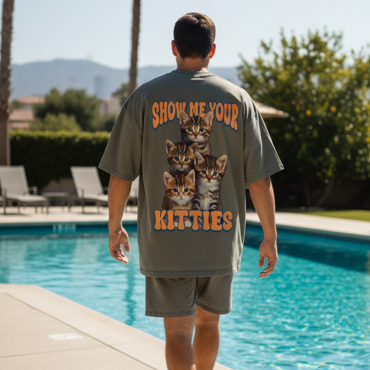 Mens wearing a t-shirt with kitten graphic and text by a pool