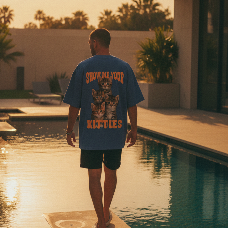 Man wearing a blue t-shirt with cat graphics and text by a pool at sunset.