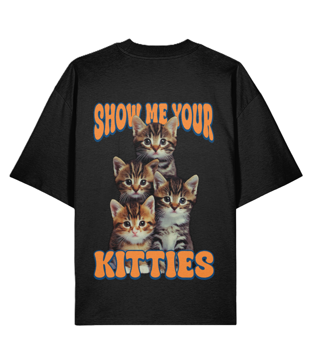 Black t-shirt with kittens and text 'Show me your kitties' 