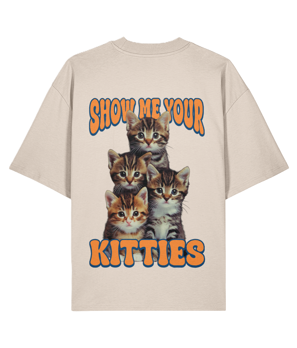 Cream t-shirt with kittens and text 'Show me your kitties' 