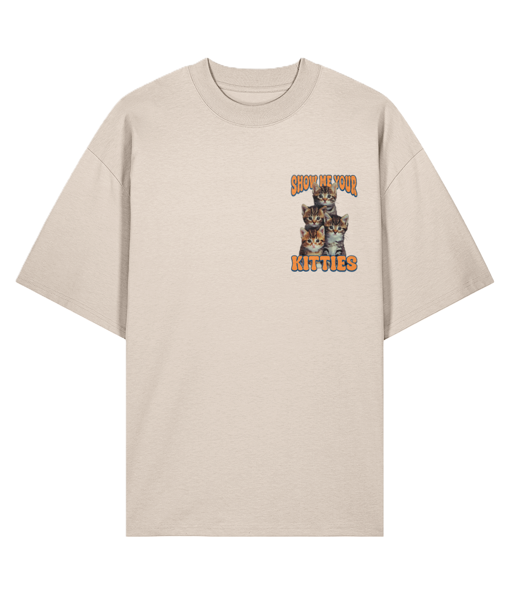 Cream t-shirt with a graphic of three cats and text 'Show me your kitties' 