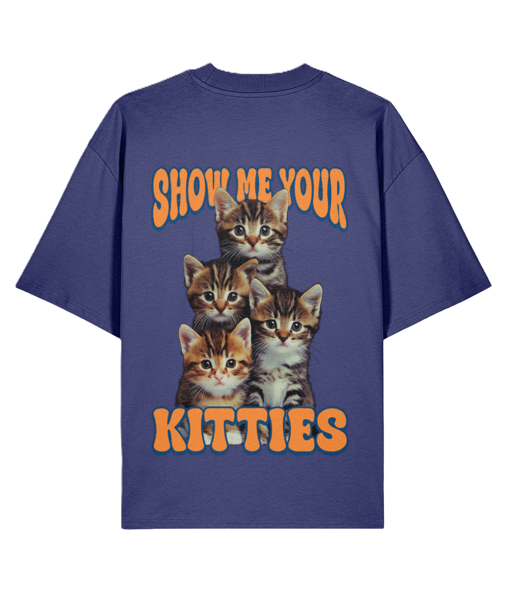 Blue t-shirt with kittens and text 'Show me your kitties' 