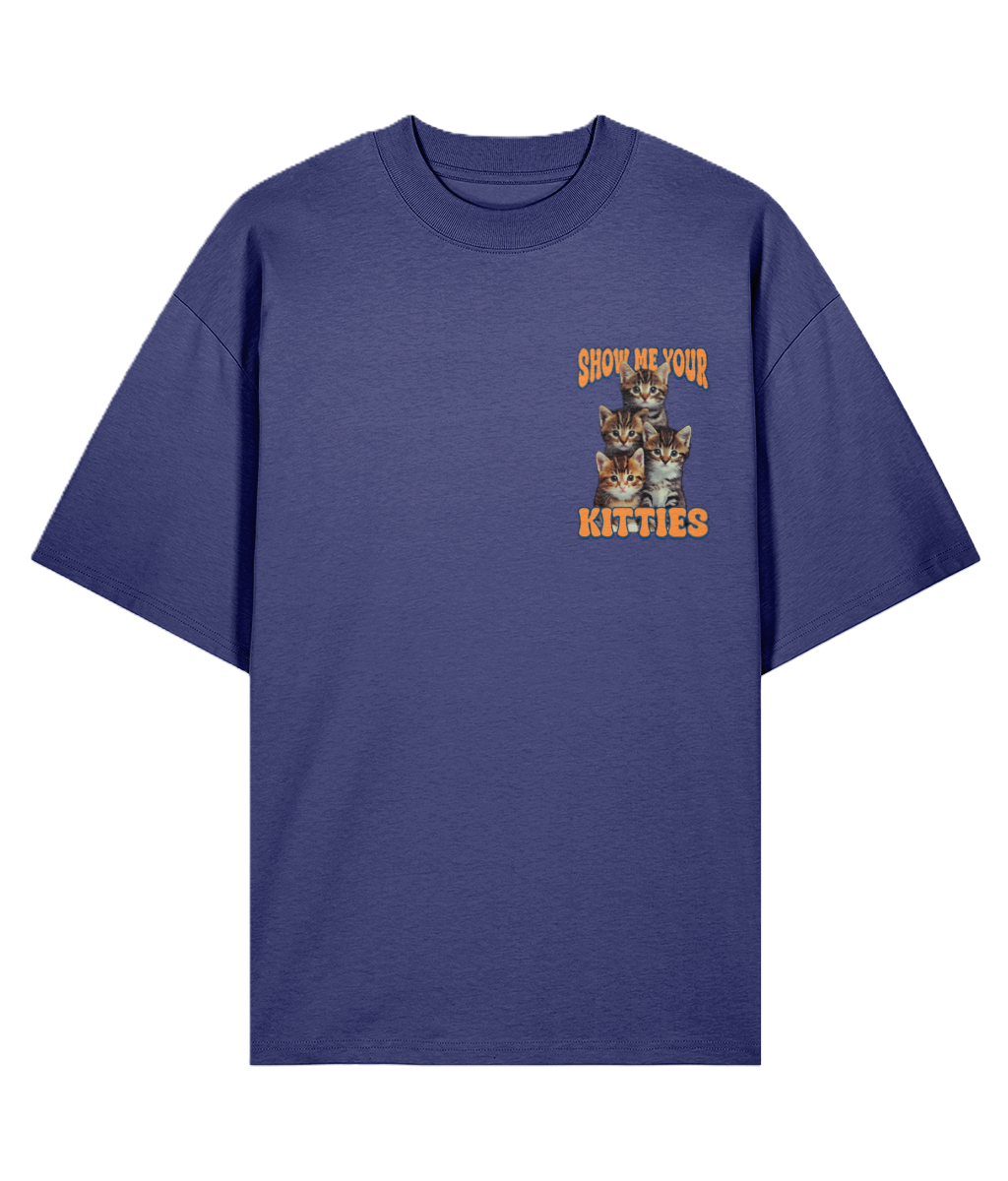 Blue t-shirt with 'Show Me Your Kitties' graphic